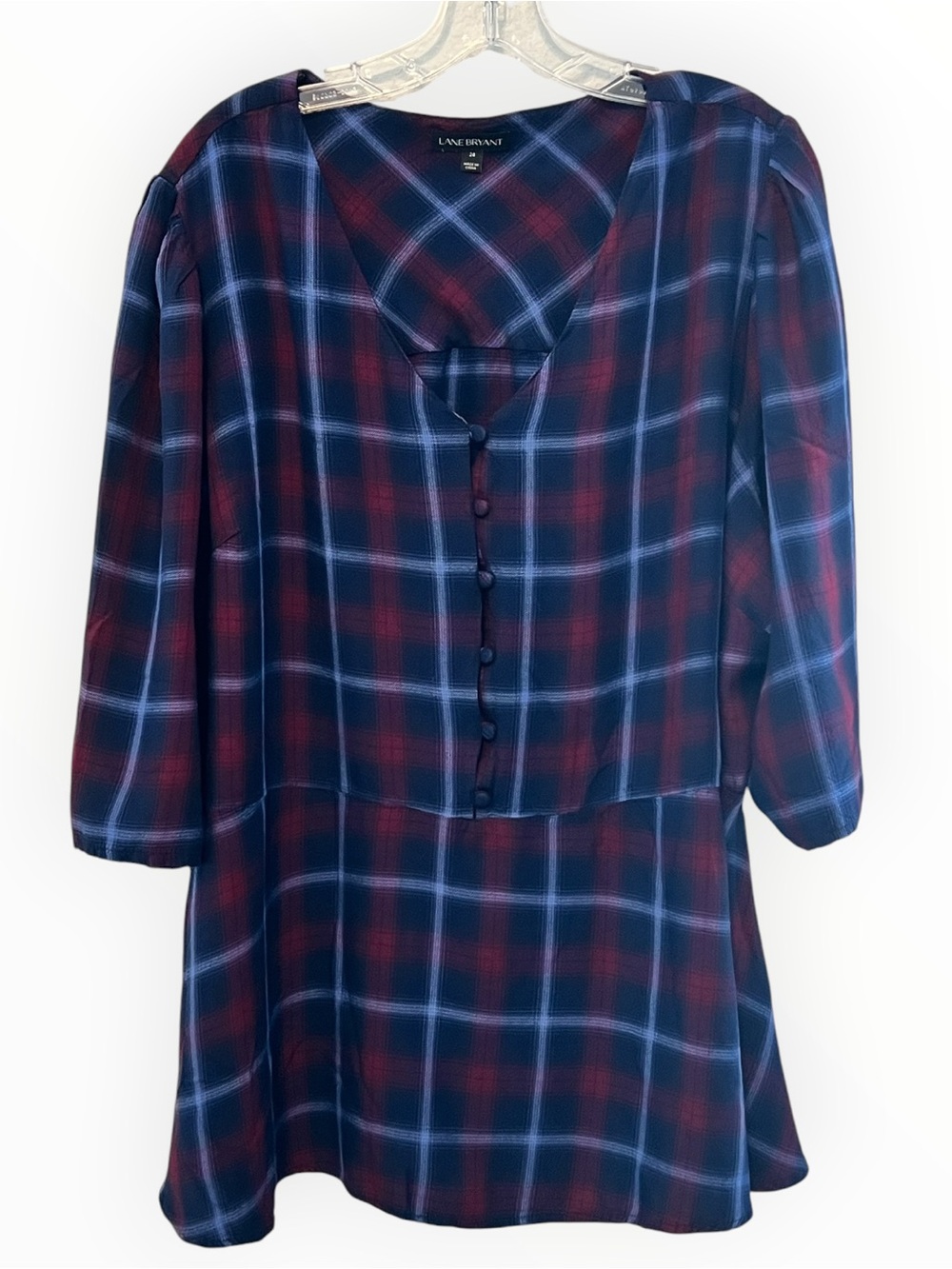 Lane Bryant Plaid Button Front V Neck Blouse Womens Plus Size 24 Burgundy Navy